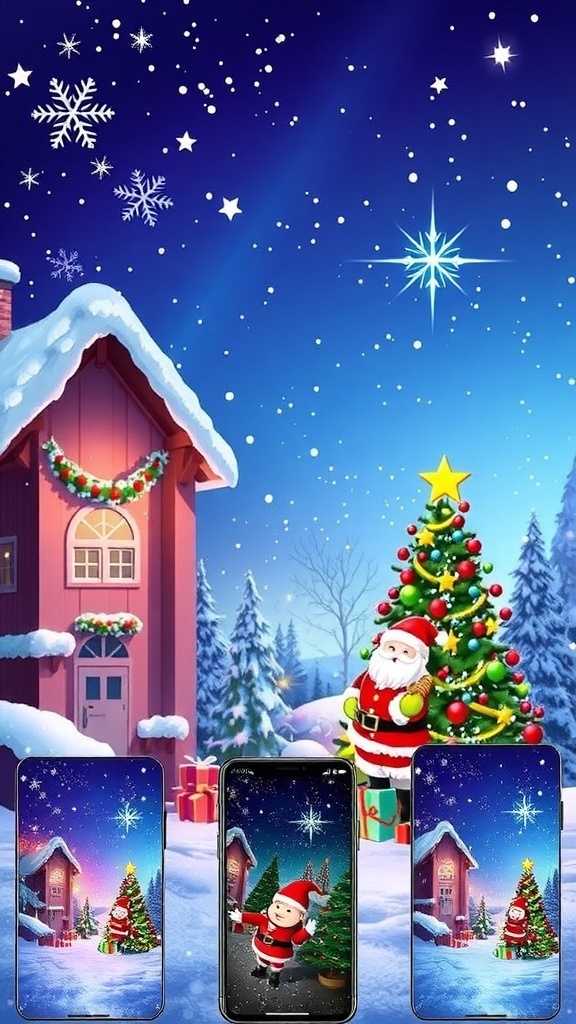 A selection of cheerful Christmas wallpapers for iPhone showcasing winter scenes, Christmas trees, and holiday decorations.